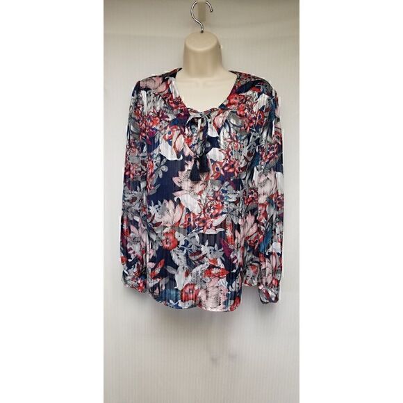 Faded Glory Women's Metallic Floral Blouse/Top Red Blue & Silver Small(4-6) - Picture 4 of 7